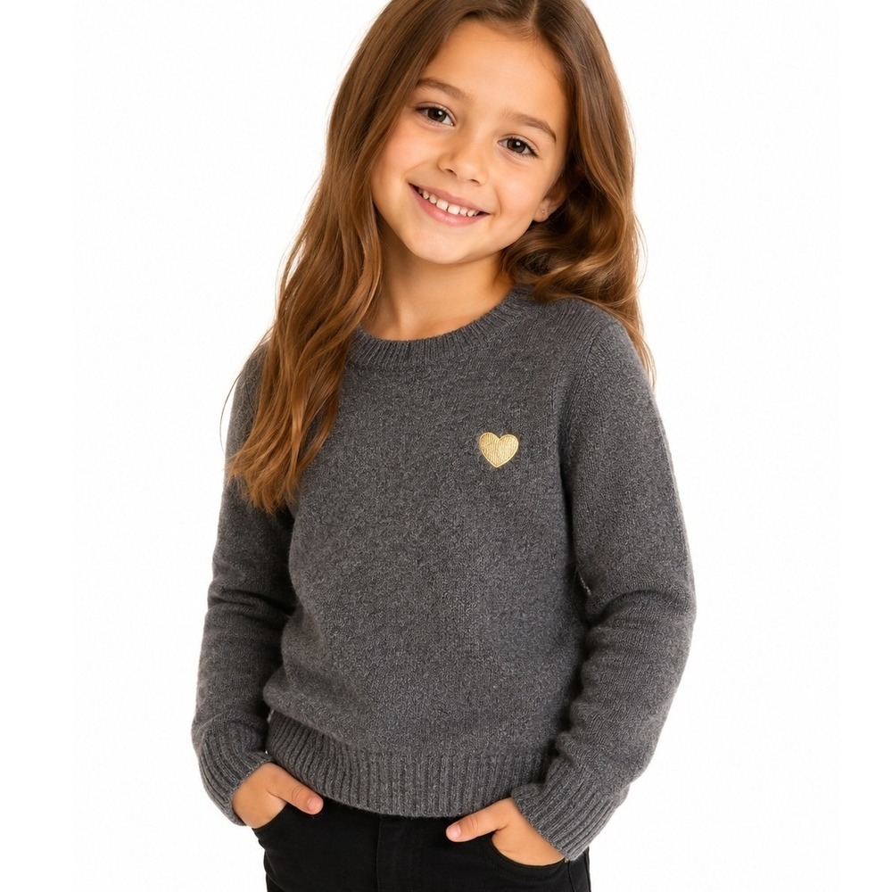 Jubylee Gray Wool Blend Sweater Gold Heart Girls Long Sleeve Knit